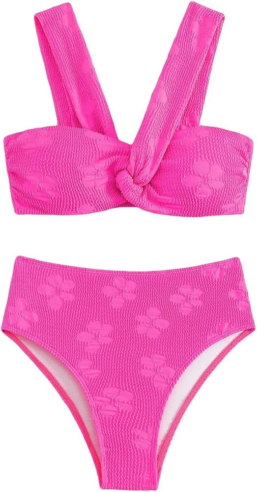 Falainetee Women's High Waisted Bathing Suit Floral Jacquard Twist Criss Cross Swimsuit Bikini Se... | Amazon (US)