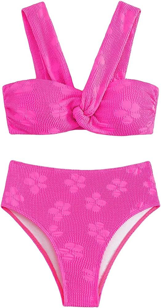 Falainetee Women's High Waisted Bathing Suit Floral Jacquard Twist Criss Cross Swimsuit Bikini Se... | Amazon (US)