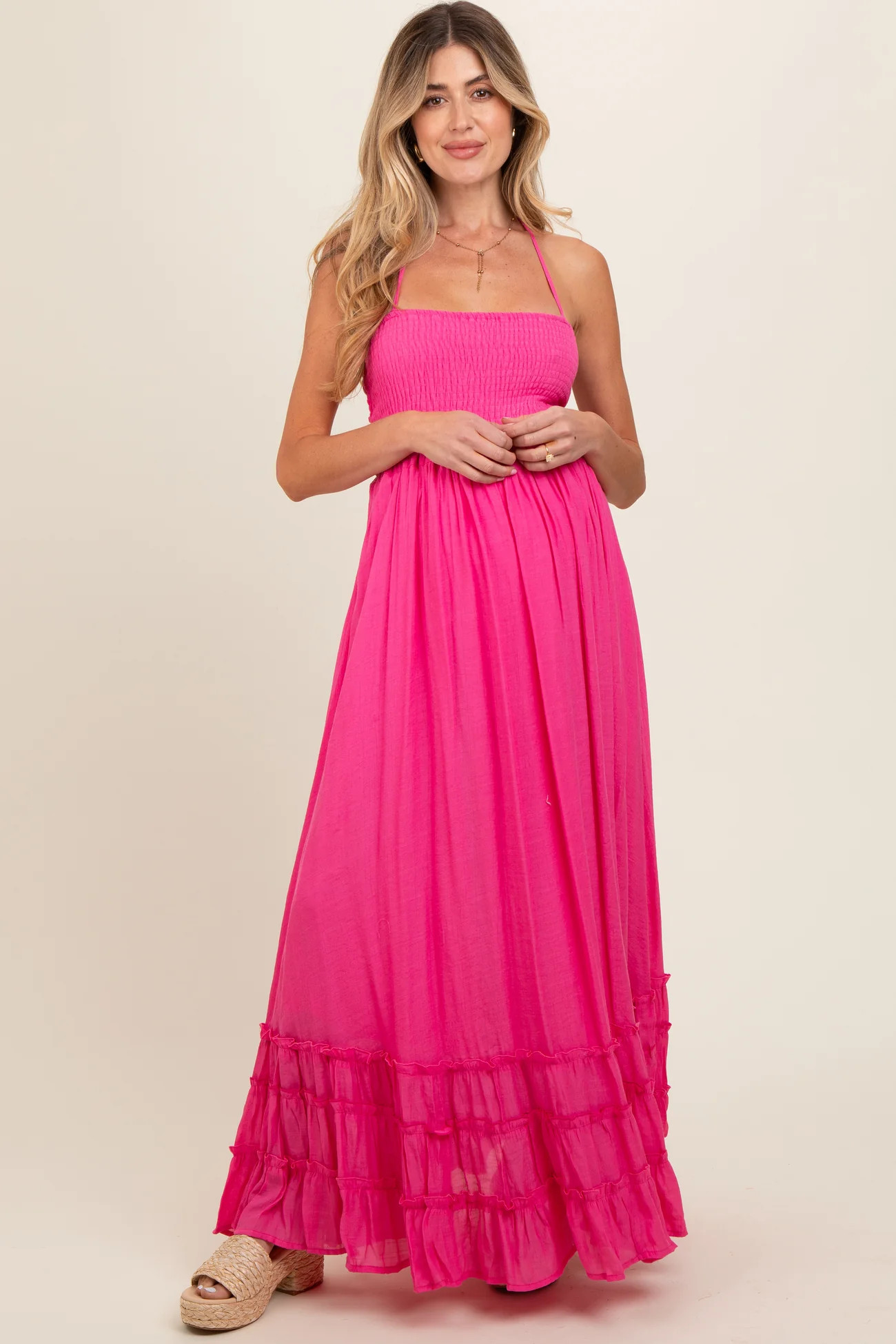 Pink Smocked Halter Cutout Maternity Maxi Dress | PinkBlush Maternity