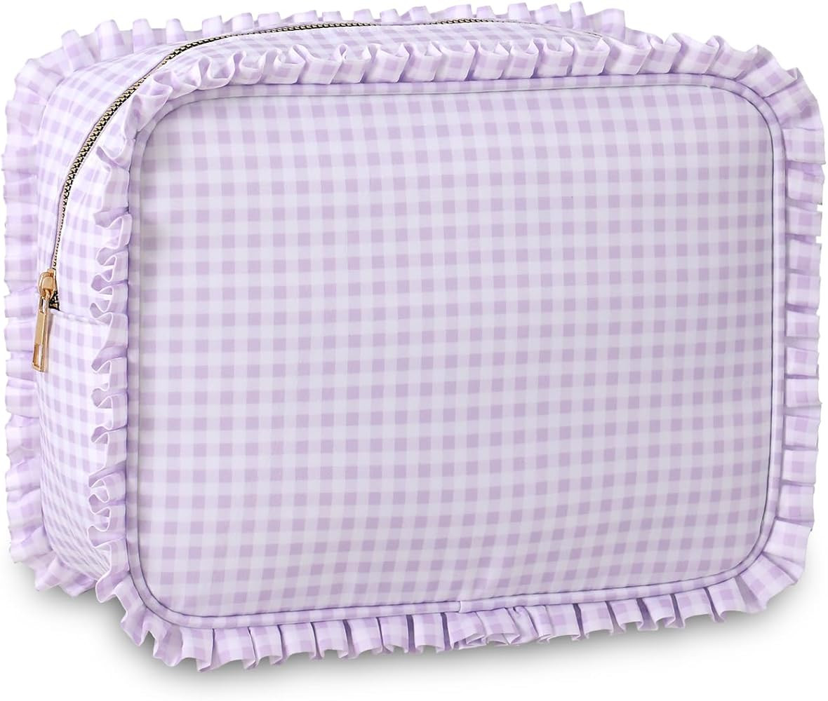 Gingham Ruffle Makeup Bag,Large Travel Cute Cosmetic Bag for Women Girls,Toiletry Bag Make up Org... | Amazon (US)