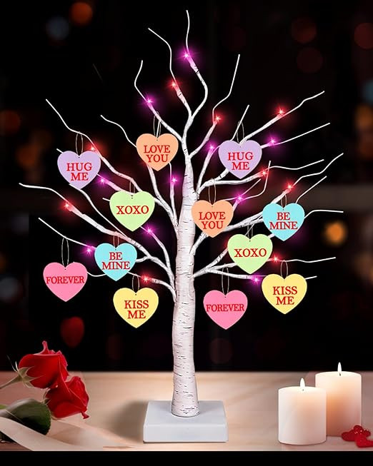 Valentines Day Decor 24 Inch Lighted Valentines Decorations Tree with 12 Heart Ornaments, Timer/U... | Amazon (US)