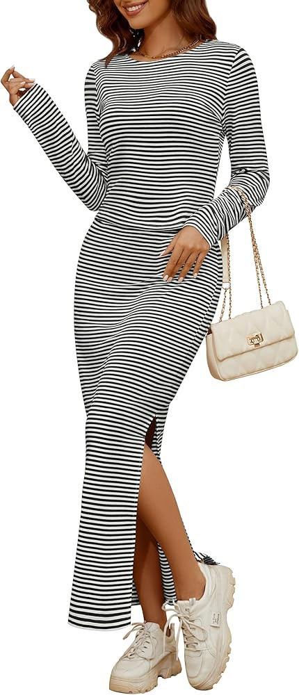 NENONA Women's Striped Two Piece Skirt Set Casual Crew Neck Long Sleeve Tops High Waist Slit Body... | Amazon (US)