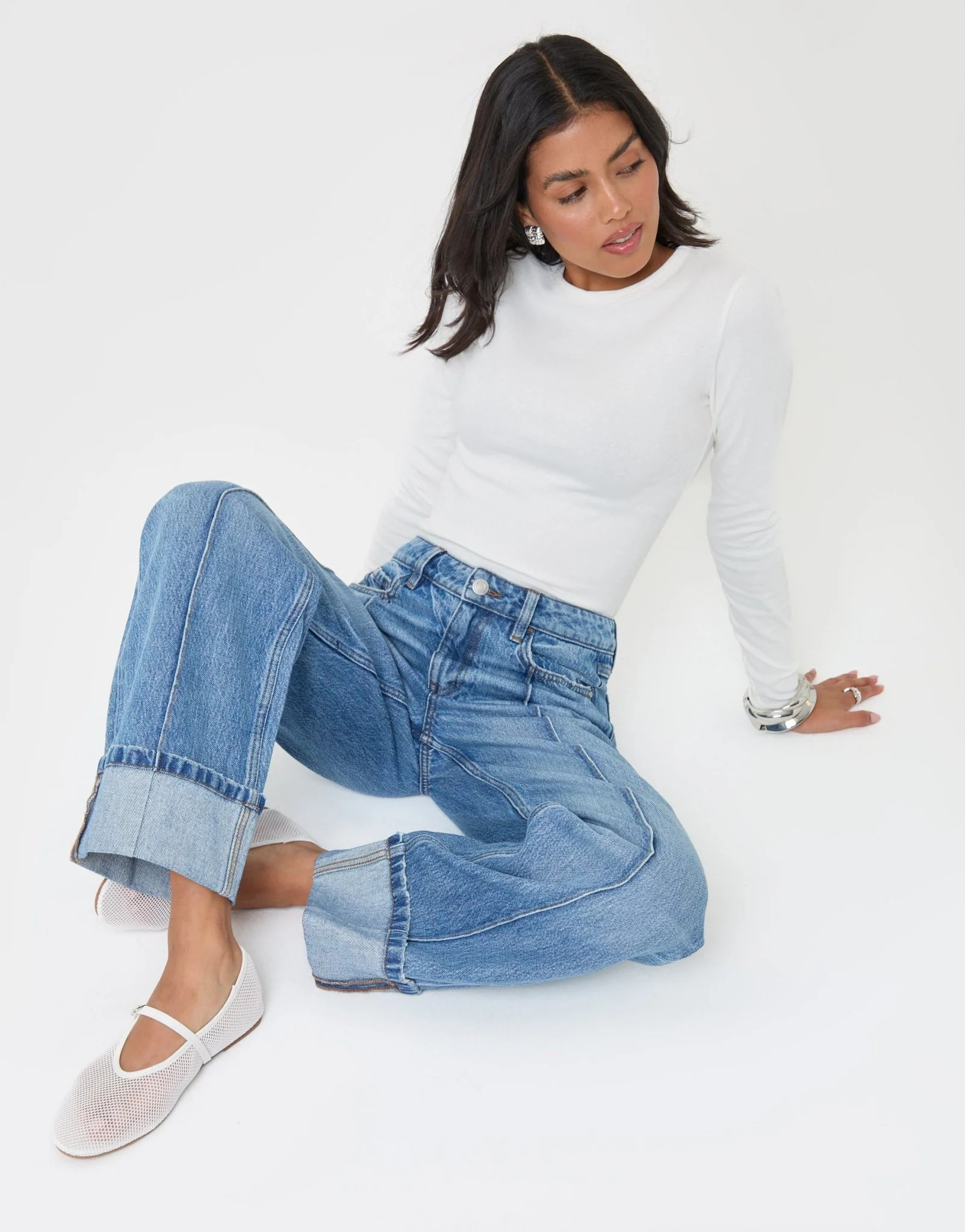 Petite Wide Leg Turn Up Jeans in Mid Wash | Threadbare UK