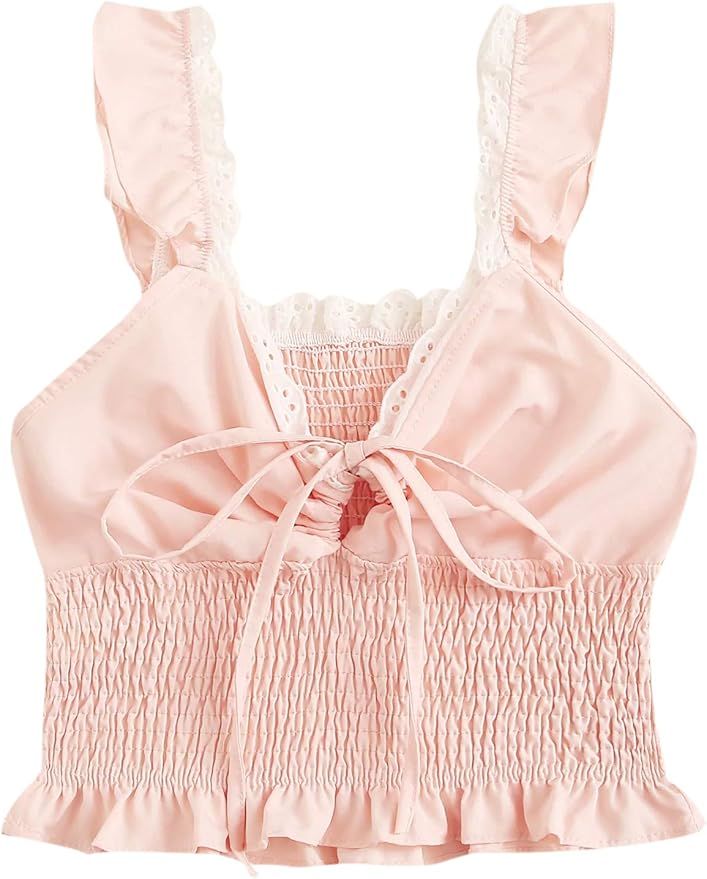 SheIn Women's Summer Sleeveless Ruffle Strap Tie Neck Cute Cami Tank Top Blouse | Amazon (US)