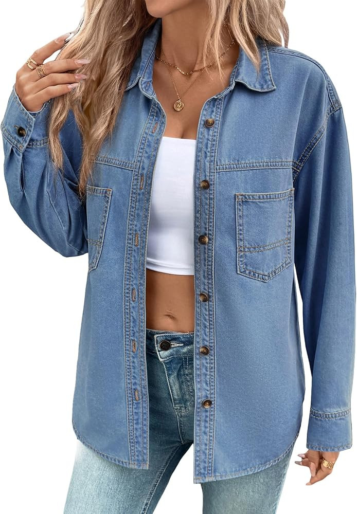 Sidefeel Women Denim Shirts Oversized Long Sleeve Button Down Blouse Top | Amazon (US)