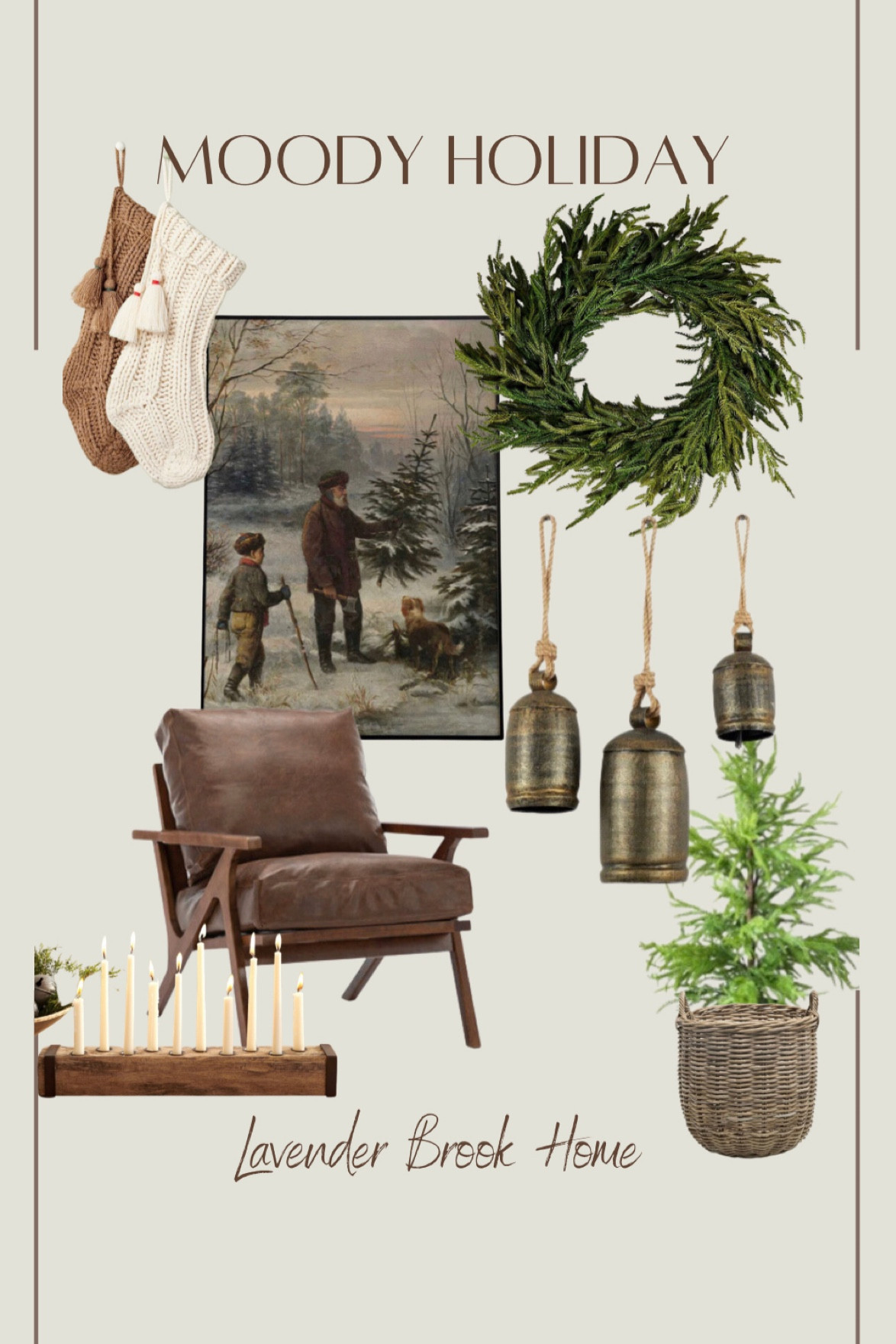 Moody holiday with vintage fine art, a cozy leather chair, rustic bells, a real touch mini Christmas tree, a basket, wreath, rustic candle holder, knit stockings. 

#LTKGiftGuide #LTKHoliday #LTKSeasonal