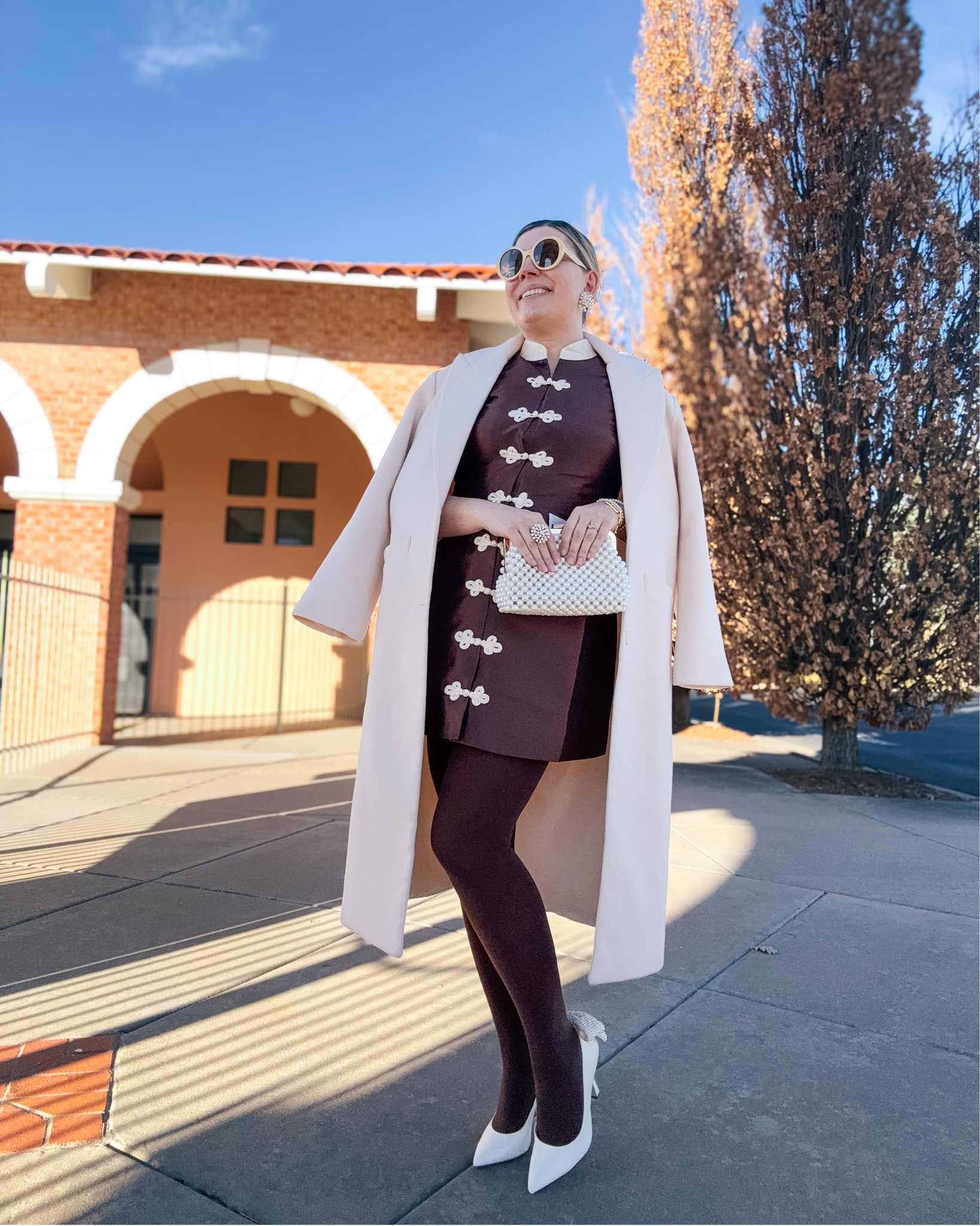 Look 2 - Mocktail Hour 🍸 
A curated style series

This dress was love at first sight. I missed out on it a couple of times before finally finding it on sale in my size. By the by - it’s actually on sale again right now - don’t miss out!

Dress -Mestiza (linked)
Coat - Lioness (linked)
Tights - We love colors 
Bag - Ann Taylor
Sunglasses - Gucci (linked)
Earrings - Lele Sadoughi 
Ring -? Stella & Dot?
Bracelet- Rocksbox
Shoes - Antonio Melani#LTKHoliday 

#LTKTall #LTKSaleAlert