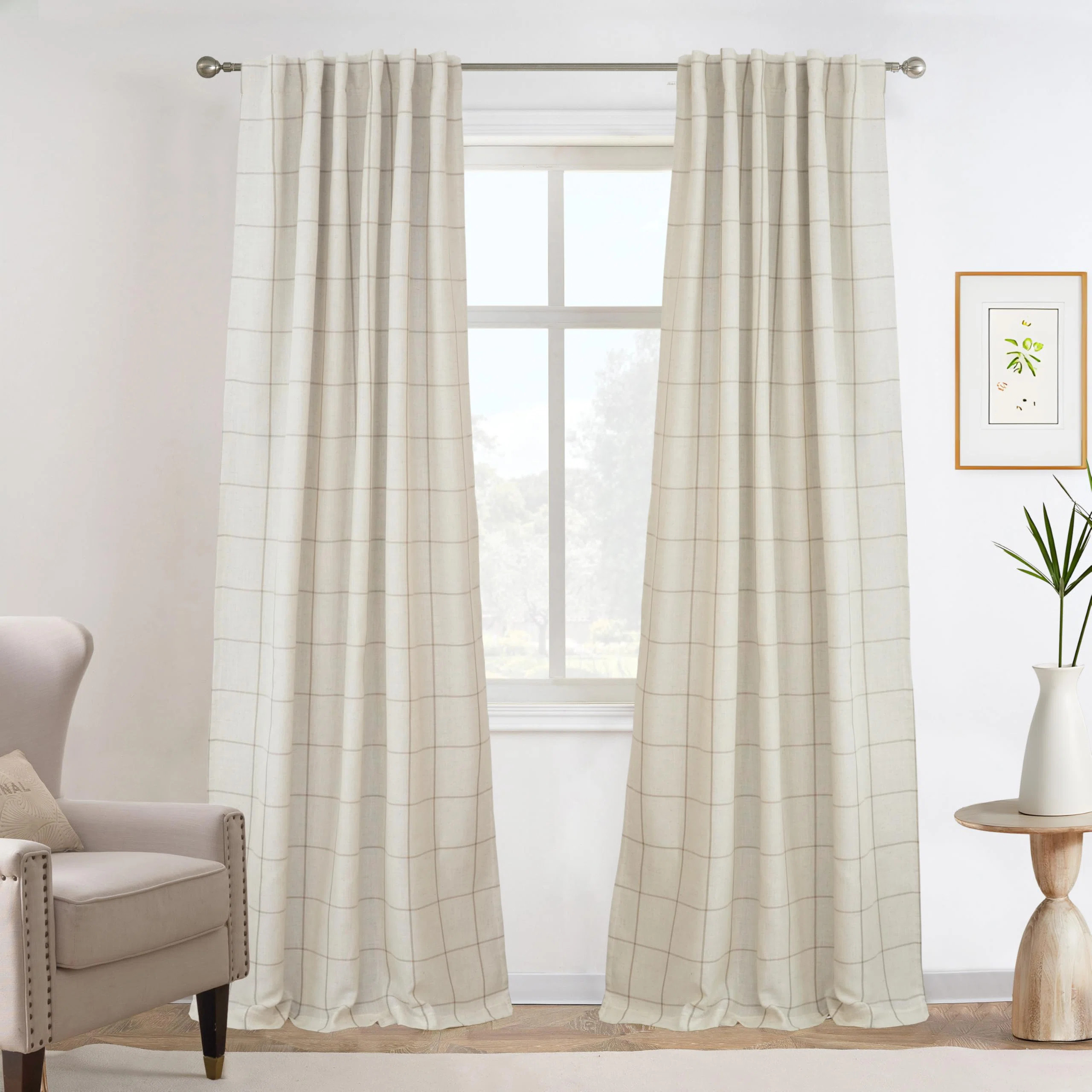 2 Panels 100% Blackout Windowpane Plaid Linen Curtains Double Layer Drapes (Set of 2) | Wayfair North America