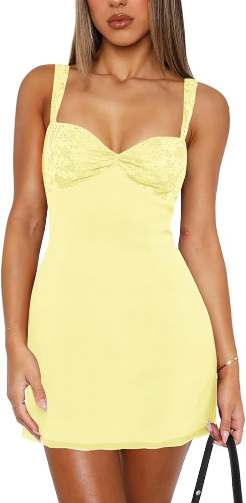 Women's Summer Mini Dresses Sleeveless Sexy Square Neck Lace Splicing Cocktail Party Straps Bodyc... | Amazon (US)