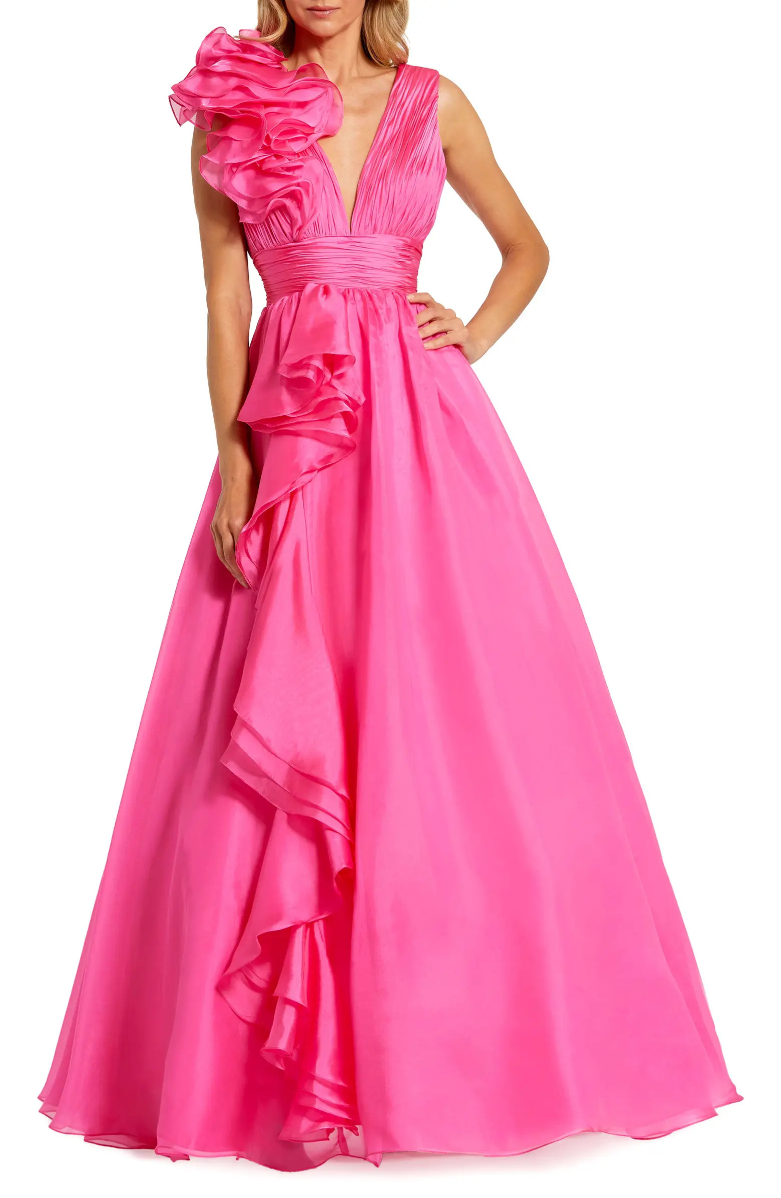 Ruffle Shoulder V-Neck Chiffon Gown | Nordstrom