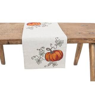 16 in. x 36 in. Rustic Pumpkin Crewel Embroidered Fall Table Runner, Natural | The Home Depot