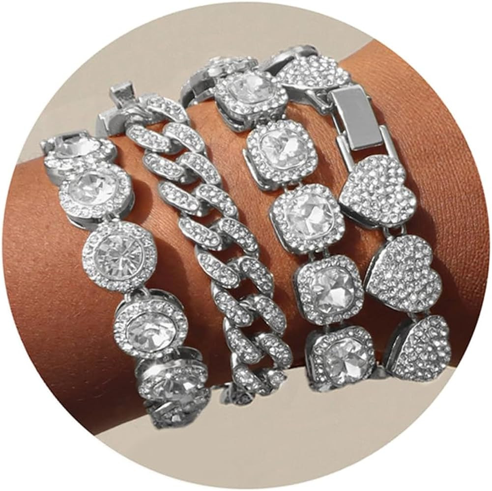 shopbyskyler 4PCS Gold Bracelets for Women Girls Silver Clustered Tennis Bracelet for Women Heart... | Amazon (US)