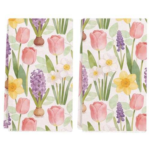 Nanstone Spring Summer Kitchen Towels 17x28 Inch,Tulip Watercolor Floral Dish Towels Hand Towels for Drying Easter Decoration (Set of 2) | Amazon (US)