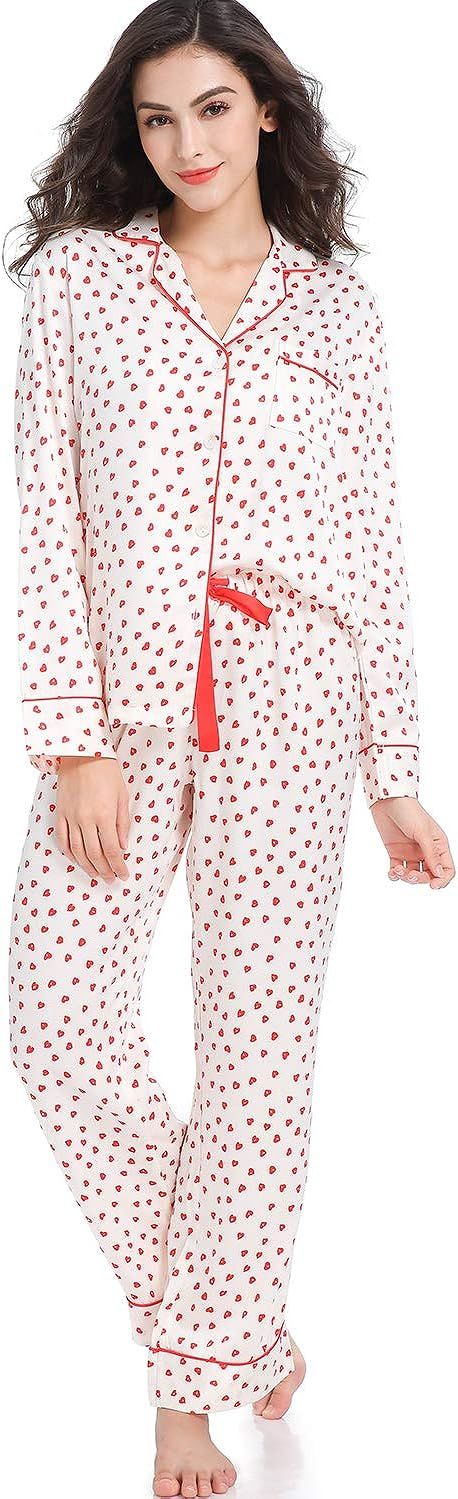 Serenedelicacy Women's Silky Satin Pajamas, Button Up Long Sleeve PJ Set Sleepwear Loungewear | Amazon (US)