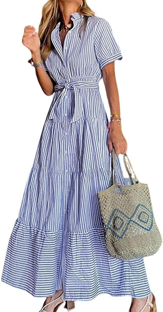 utcoco Womens Casual Short Sleeve Button Down Tie Waist Ruffled Striped Maxi Shirt Dress | Amazon (US)