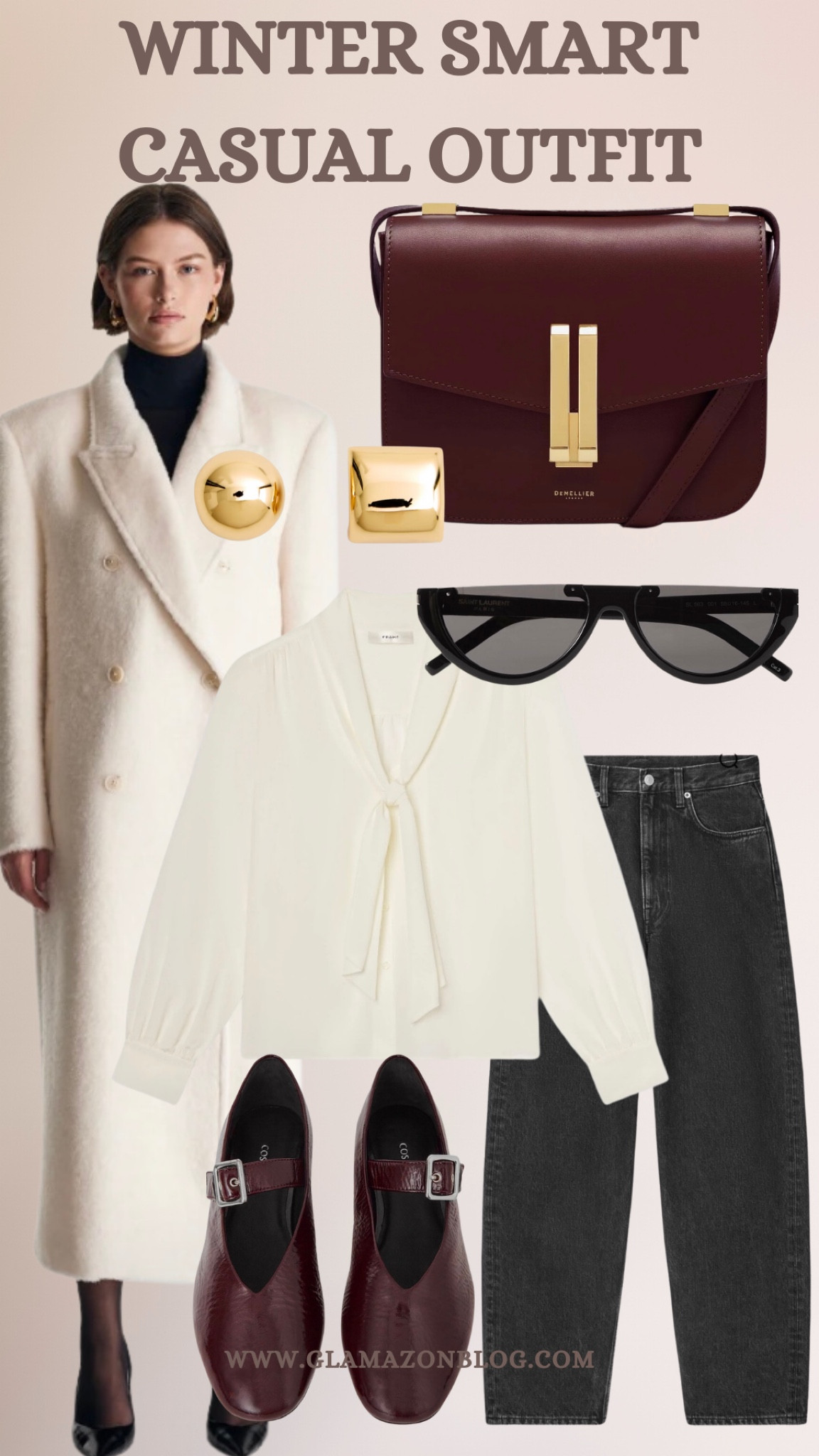 Winter outfit, office outfit, smart casual outfit, cream coat, wool coat, burgundy flats, cos shoes, ysl sunglasses, black jeans, cos jeans, burgundy bag 

#LTKwinter #LTKeurope #LTKuk