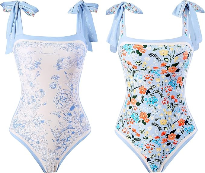 Aidonger Women's Reversible One Piece Swimsuits Floral Tie Shoulder Tummy Control Slimming Bathin... | Amazon (US)