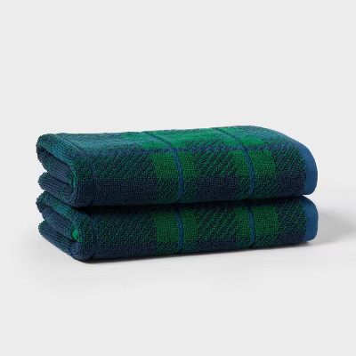 2pk Winter Wonderland Plaid Christmas Hand Towels Blue/Green - Threshold™ | Target