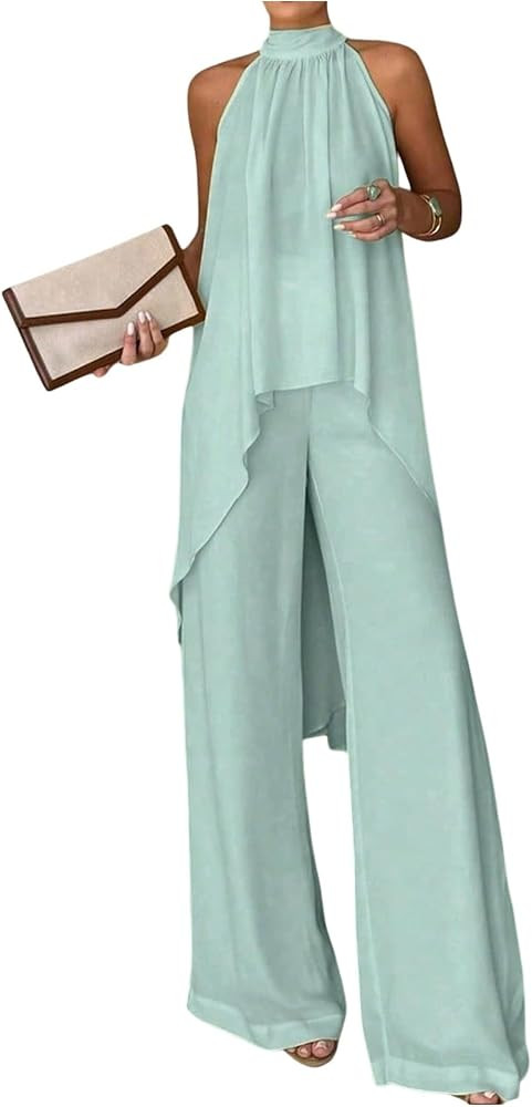 Milumia Women's 2 Piece Sets Summer Halter Neck Asymmetrical High Low Top Wide Leg Pants Travel O... | Amazon (US)
