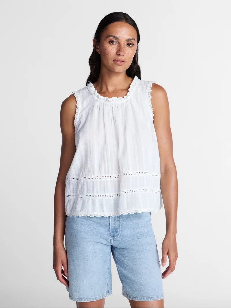 Time and Tru Women's Lace and Ruffle Cotton Tank Top, Sizes XS-XXXL | Walmart (US)