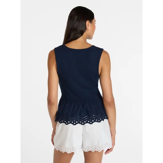 Time and Tru Women's Eyelet Trim Tank Top with Peplum Hem, Sizes XS-XXXL | Walmart (US)