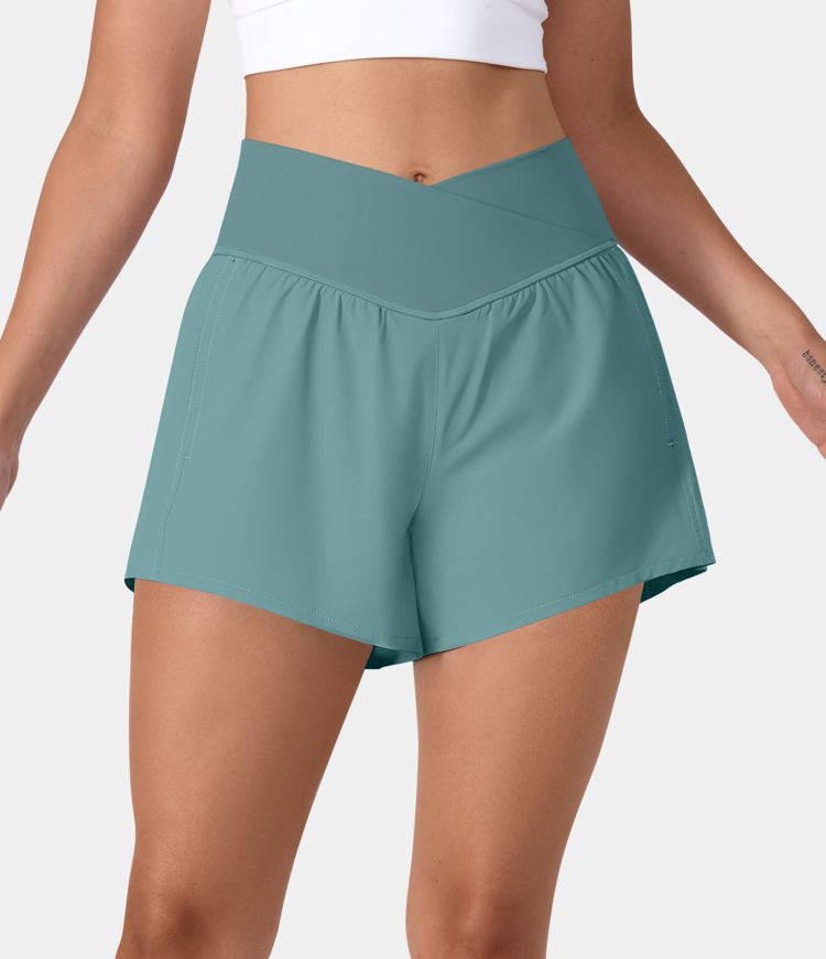 Breezeful™ High Waisted Crossover Side Pocket 2-in-1 Quick Dry Yoga Shorts 4" | HALARA