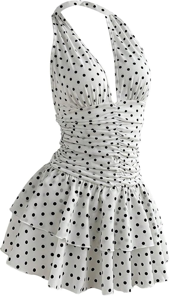 Floerns Women's Cute Halter Dress Sleeveless Polka Dots Layered Ruffle Vintage Mini Dresses | Amazon (US)