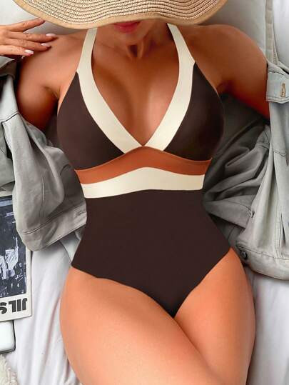 Women's Contrast Color Sexy Fashion Halter One-Piece Swimsuit, One-Piece Bathing Suit For Summer Beach Vacation | SHEIN