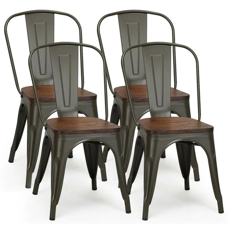 Costway Set of 4 Style Metal Dining Side Chair Wood Seat Stackable Bistro Cafe - Walmart.com | Walmart (US)