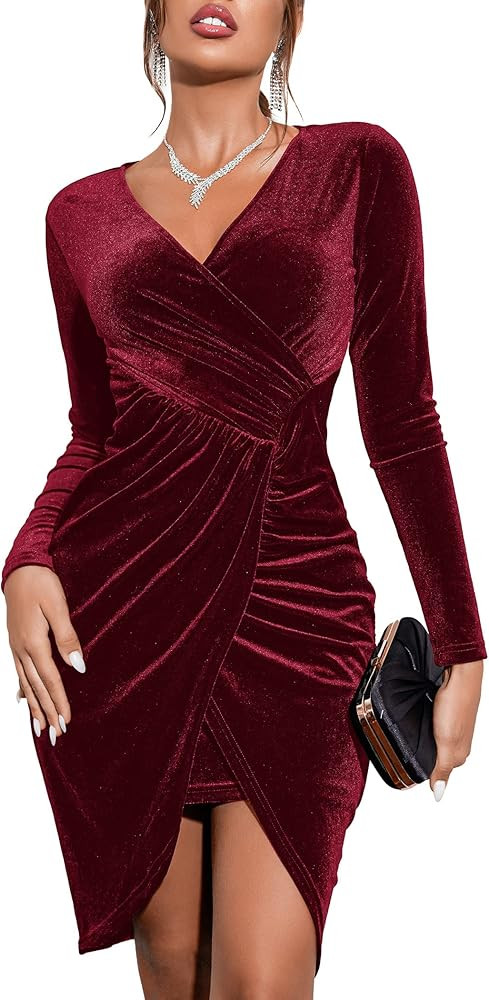 Zeagoo Damen Samtkleid Langarm Elegant Cocktailkleid V-Ausschnitt Hohe Taille Bodycon Partykleid ... | Amazon (DE)