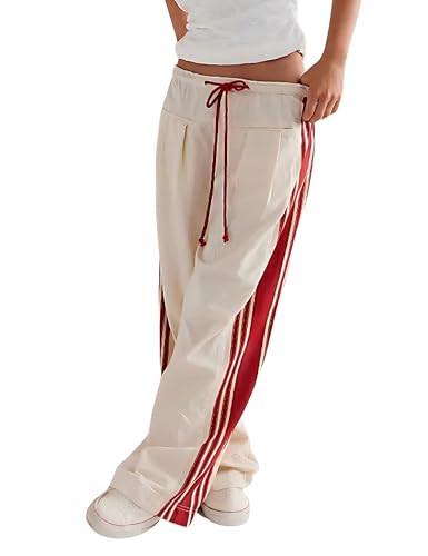 Hongsui Women's Wide Leg Pants Drawstring High Rise Side Striped Slouchy Palazzo Pants with Pockets (Beige-XS) | Amazon (US)
