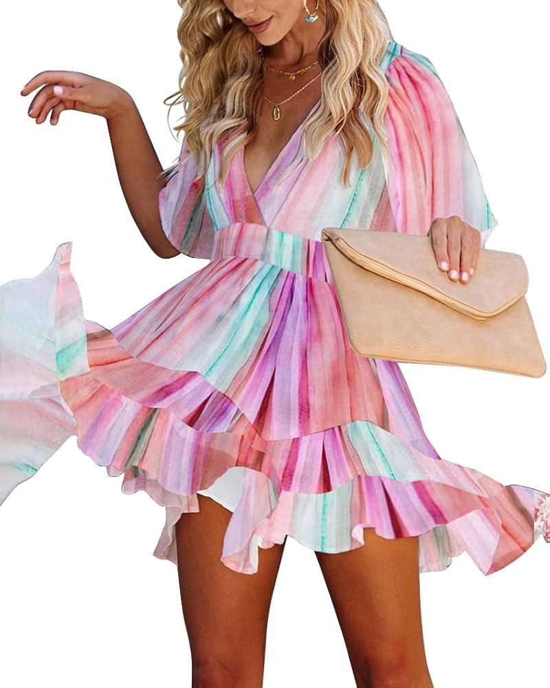 Esobo Women's Summer V-Neck Short Sleeve Flared Dresses Solid Color Casual Ruffle Hem Mini Swing ... | Amazon (US)