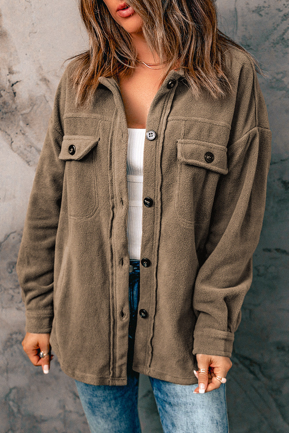 Green Plush Turn Down Collar Buttoned Shirt Jacket | Shewin