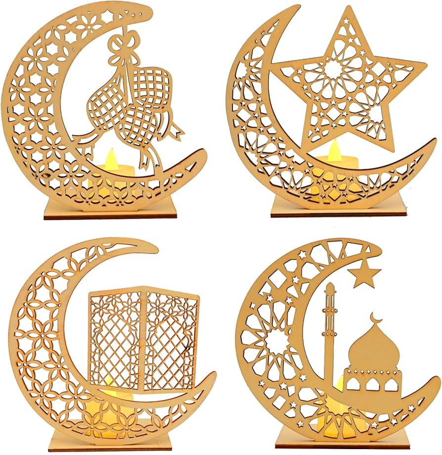 4 Pcs Ramadan Decorations Lights Wooden Moon Star Eid Mubarak Lights Eid LED Night Light Ramadan ... | Amazon (UK)