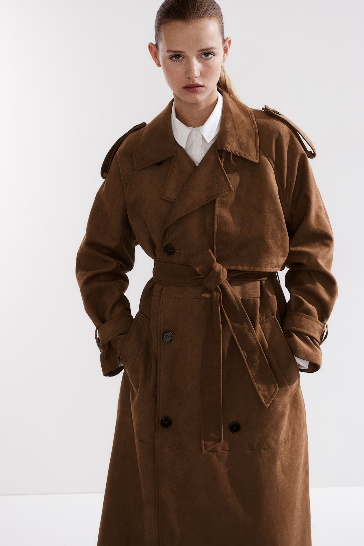 Napped trench coat - Long sleeve - Long - Brown - Ladies | H&M GB | H&M (UK, MY, IN, SG, PH, TW, HK)