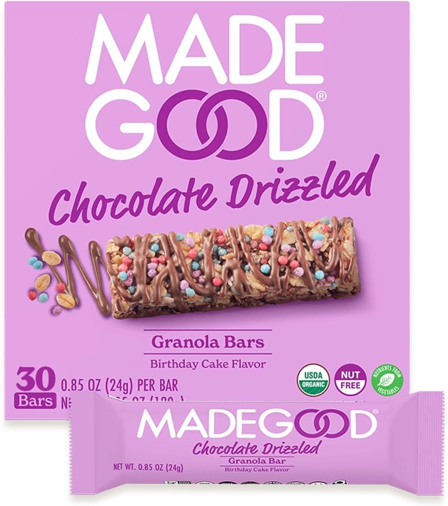 MadeGood Chocolate Drizzled Granola Bars, Birthday Cake (30 Count) Bulk Gluten Free Snacks | Amazon (US)
