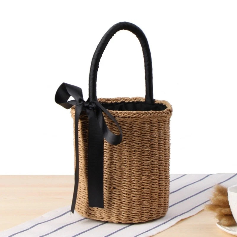 Women Bucket Straw Woven Bags Handbags Basket Round Wicker Vintage Beach Rattan | eBay US