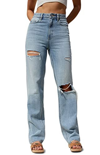 PacSun Ripped 90's Boyfriend Jeans for Women, Light Indigo, High-Waisted, Stacked Inseam & Edgy Ripped Details, Fitted Thigh & Baggy Leg, Size 25 | Amazon (US)