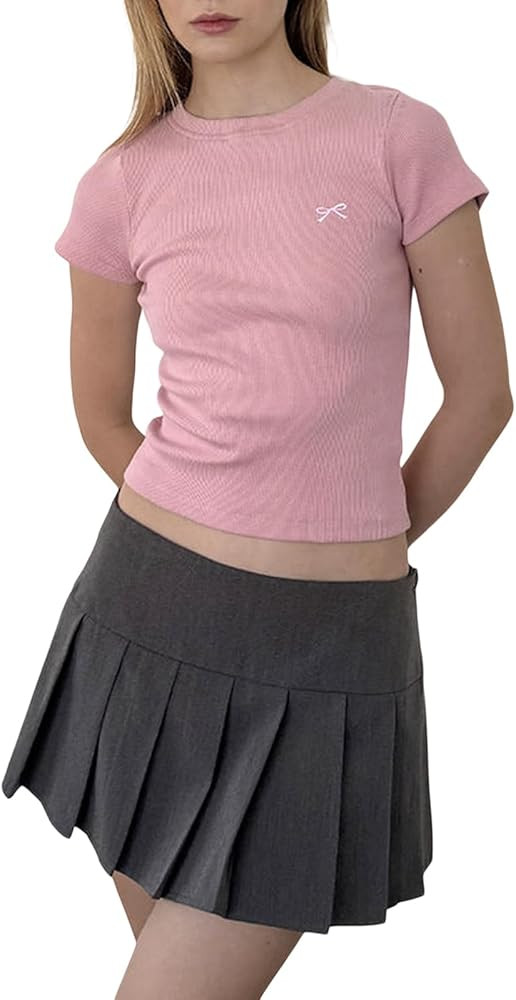 Baby Tees for Women Short Sleeve Crewneck Embroidery Bow Summer Crop Top Y2k Graphic Fitted Aesth... | Amazon (US)