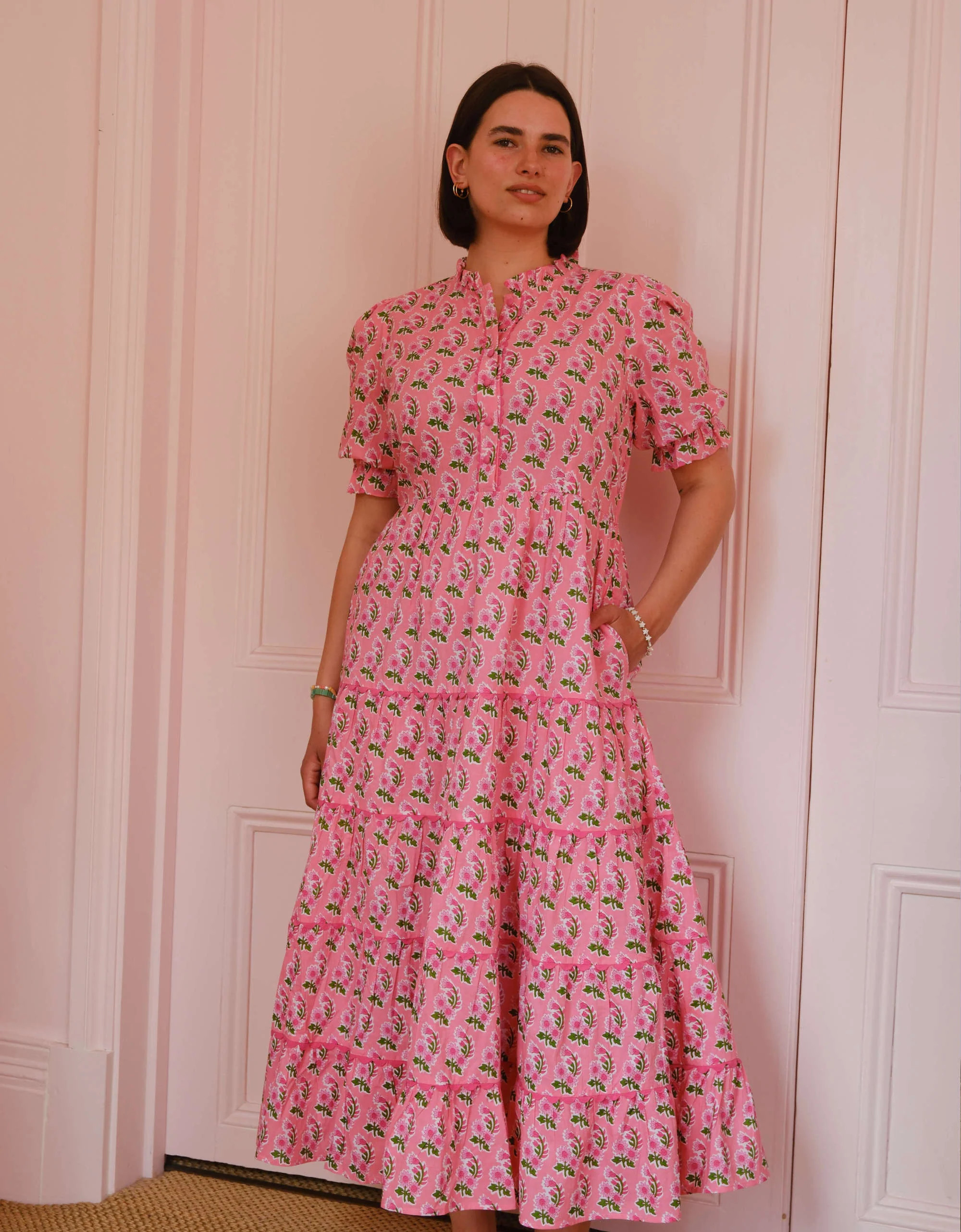 Matilda Dress | Pink & Green Floral Midi | Screen Print Cotton | Pink City Prints UK