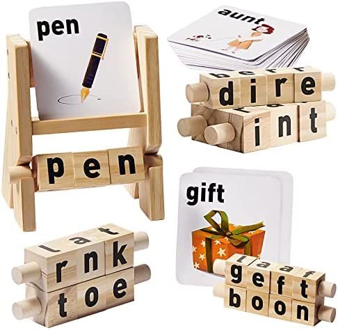 Wooden Reading Blocks Short Vowel Rods Spelling Games, Set of 8 Spinning Alphabet Rod and 32 Flas... | Amazon (US)