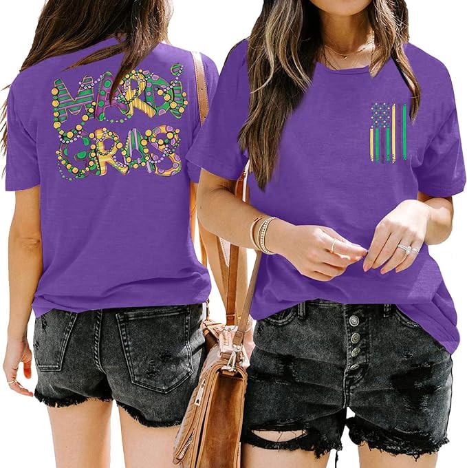 Mardi Gras Shirts for Women: Carnival Outfit T Shirt American Flag Graphic Tees Short Sleeve Para... | Amazon (US)