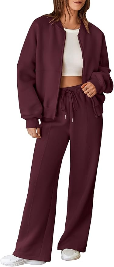 Aleumdr Women's 2 Piece Outfits Oversized Fleece Sweatsuit Zip Up Long Sleeve Sweatshirt with Wid... | Amazon (US)