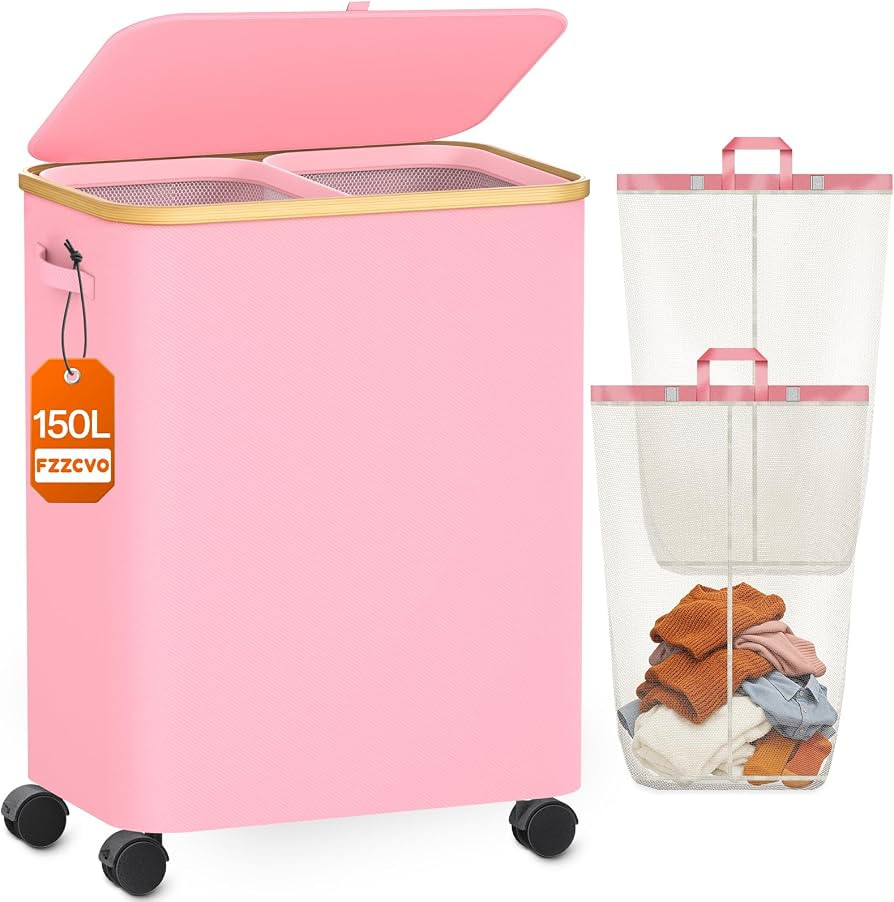 Double Laundry Basket with Wheels and Lid, 150L Clothes Hampers for Laundry | Amazon (US)