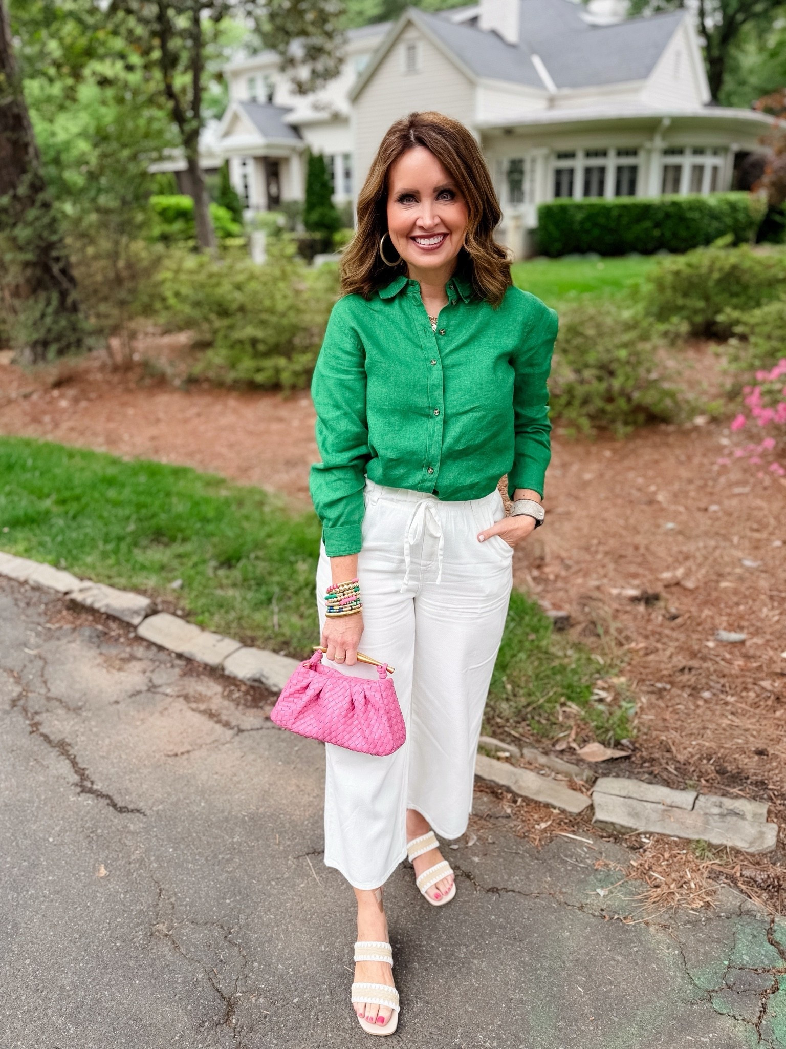 Linen top & cropped linen white pants - run true to size 

Use code LAURA20 on my bracelets

#LTKgrwm #LTKootd #LTKOver40