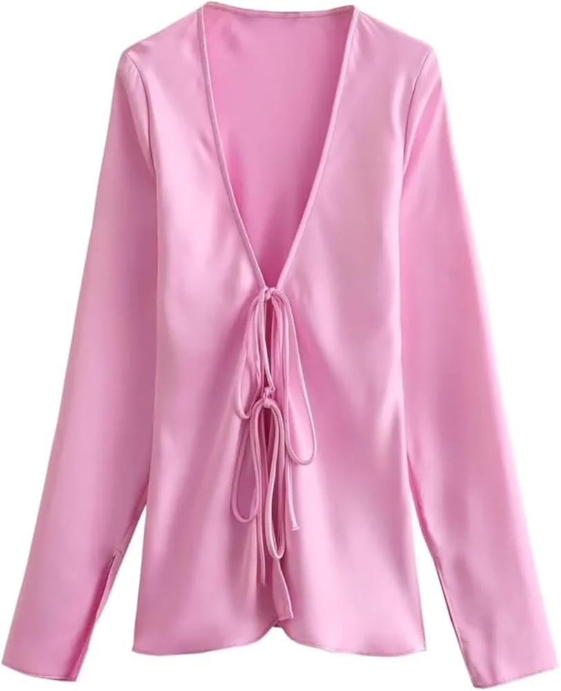 Ultra Thin Bow Lace Up Women Shirt Traf Summer V Neck Hollow Out Slim Long Sleeve Blouse Female T... | Amazon (US)