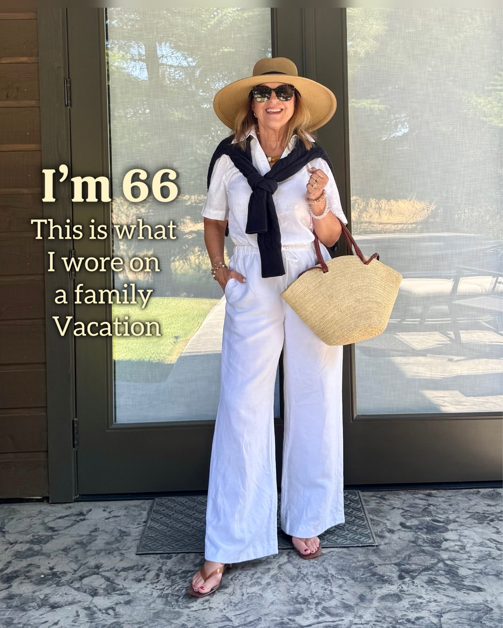 Linen blend pants that don't wrinkle and a linen pop-over top. Ralph Lauren cardigan, sun hat, sandals, and raffia tote.  All fit tts.

#LTKOver40 #LTKSeasonal #LTKootd