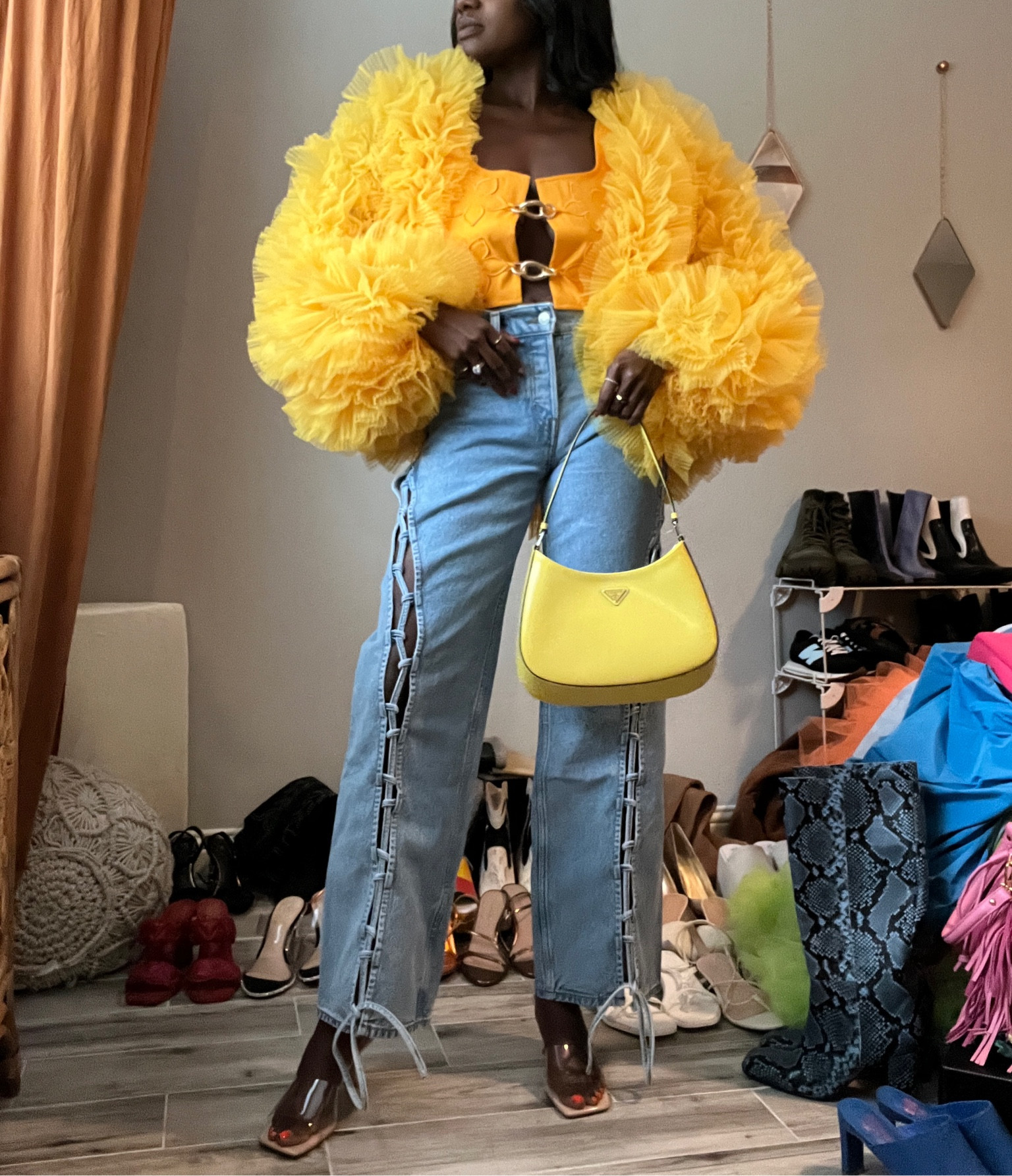 Yellow NYFW outfit! Lace up denim jeans (26) , yellow top with front closure, yellow Prada Cleo bag  

#LTKstyletip #LTKitbag #LTKSeasonal
