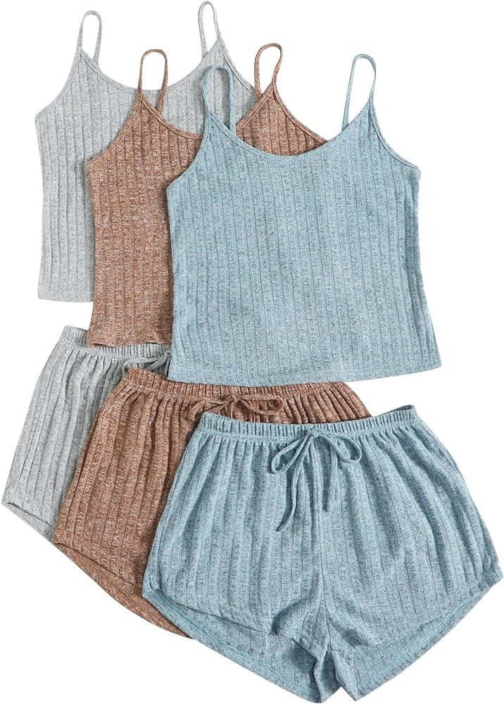 GORGLITTER Women's 3 Sets Ribbed Pajamas Set Sleeveless Crop Top and Tie Front Shorts Lounge Set ... | Amazon (US)
