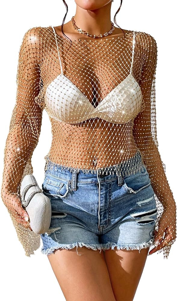 ELLEVEN Rhinestone Crystal Crop Top, Long Sleeve Mesh Body Chains See Through Cover up Sparkly Gl... | Amazon (US)